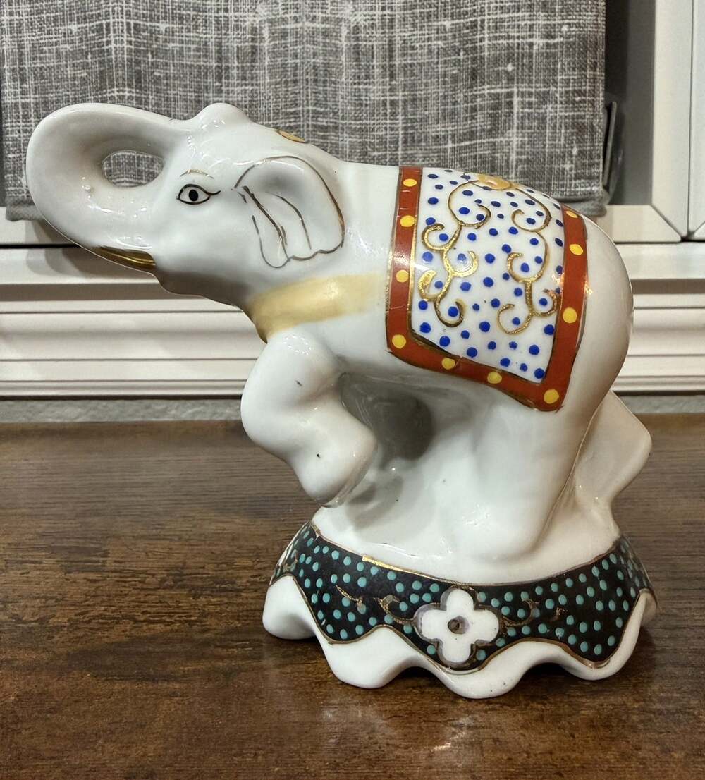 Ceramic Elephant Figurine White Raised Trunk Painted Saddle Blanket Gold Accents